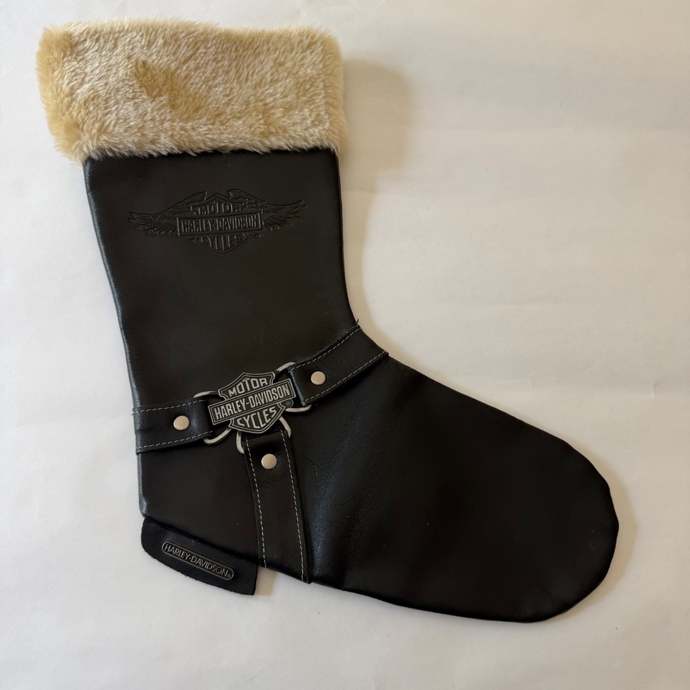 Harley-Davidson Black Leather Christmas Stocking Faux Fur Trim 1997 Biker Decor